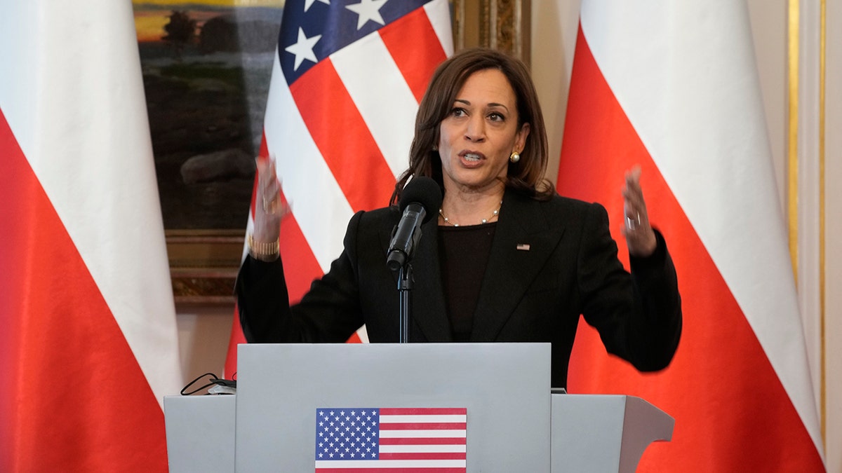 Vice President Kamala Harris speaks during a joint press conference with Poland's President Andrzej Duda on the occasion of their meeting at Belwelder Palace, in Warsaw, Poland, Thursday, March 10, 2022.