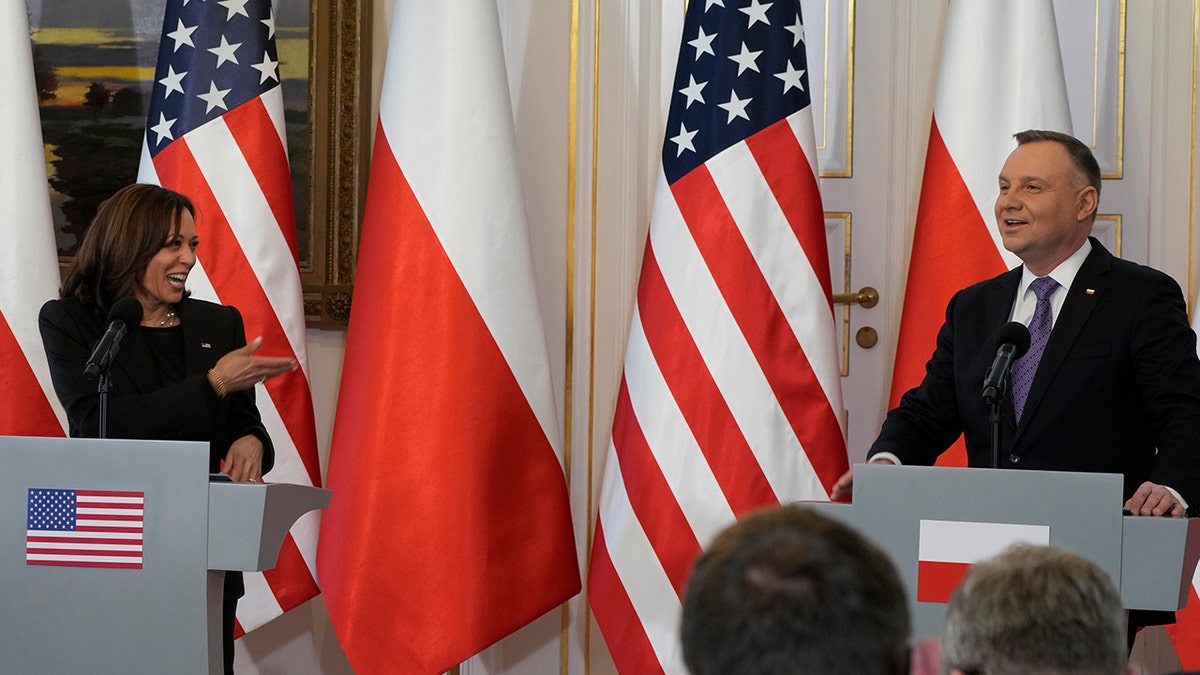 US Vice President Kamala Harris speaks during a joint press conference with Poland's President Andrzej Duda on the occasion of their meeting at Belwelder Palace, in Warsaw, Poland, Thursday, March 10, 2022.