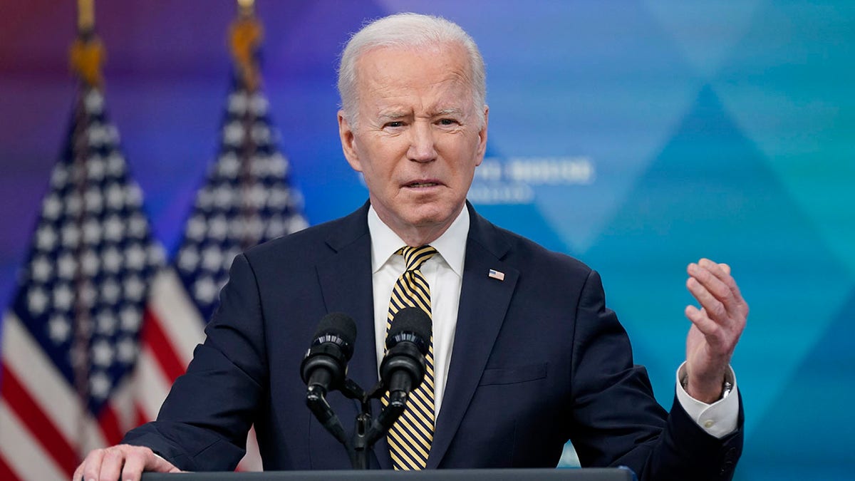 President Biden speaks about additional security assistance that his administration will provide to Ukraine in the South Court Auditorium on the White House campus in Washington, Wednesday, March 16, 2022. 