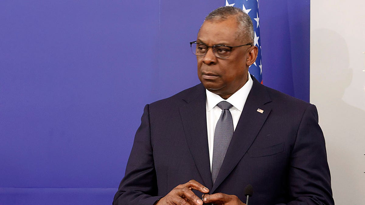 U.S. Secretary of Defense Lloyd Austin reacts during joint news conference with Bulgarian Prime Minister in the Council of Ministers, Sofia, Saturday, March 19, 2022. This is the first visit of the US Secretary of Defense to Bulgaria in the last 25 years.?