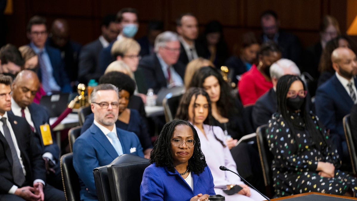 Supreme Court nominee Ketanji Brown Jackson listens to opening statements during her confirmation hearing before the Senate Judiciary Committee, Monday, March 21, 2022, in Washington. (AP Photo/Evan Vucci)