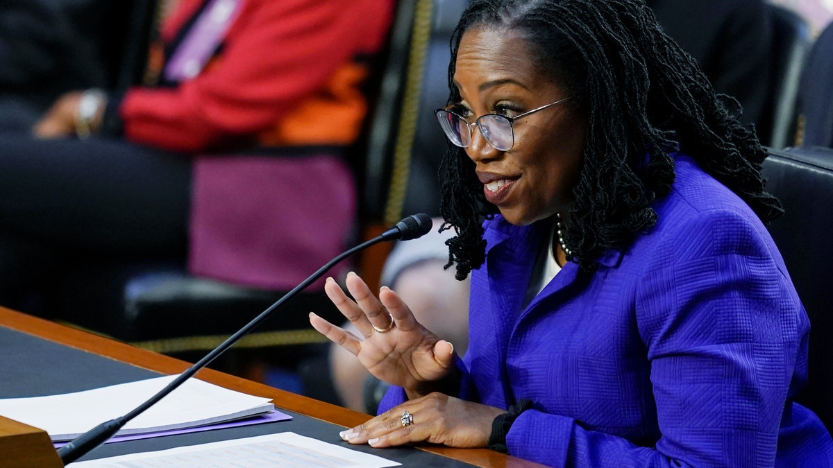 Supreme Court nominee Judge Ketanji Brown Jackson gestures during her confirmation hearing before the Senate Judiciary Committee Monday, March 21, 2022, on Capitol Hill in Washington. (AP Photo/Carolyn Kaster)