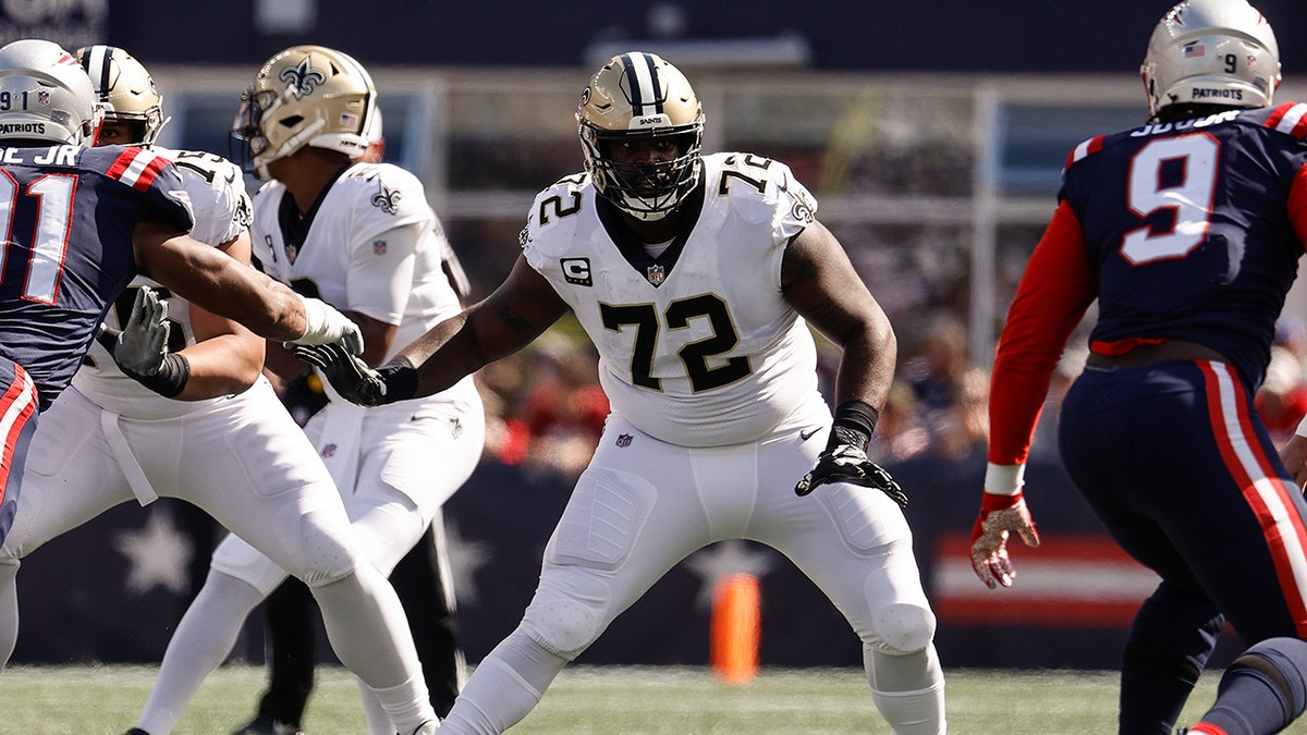 New Orleans Saints offensive tackle Terron Armstead looks to block against the New England Patriots during an NFL football game Sept. 26, 2021, in Foxborough, Mass.
