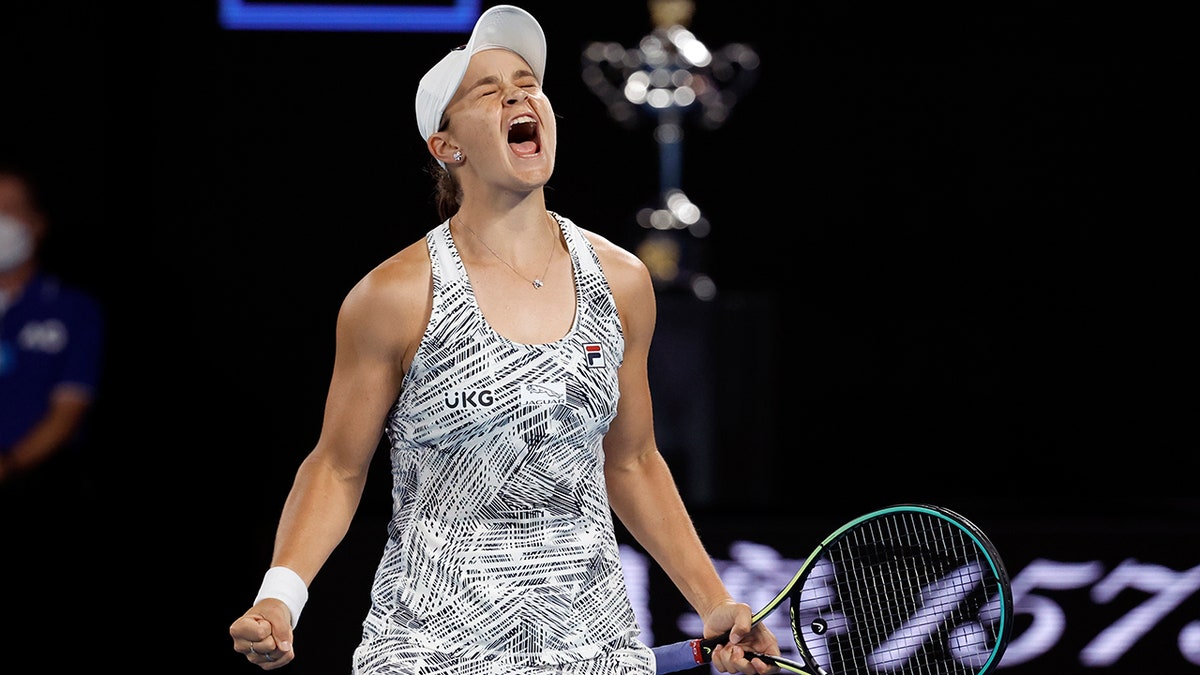 Ash Barty of Australia celebrates after defeating Danielle Collins of the U.S., in the women's singles final at the Australian Open tennis championships in Melbourne, Australia on Jan. 29, 2022.