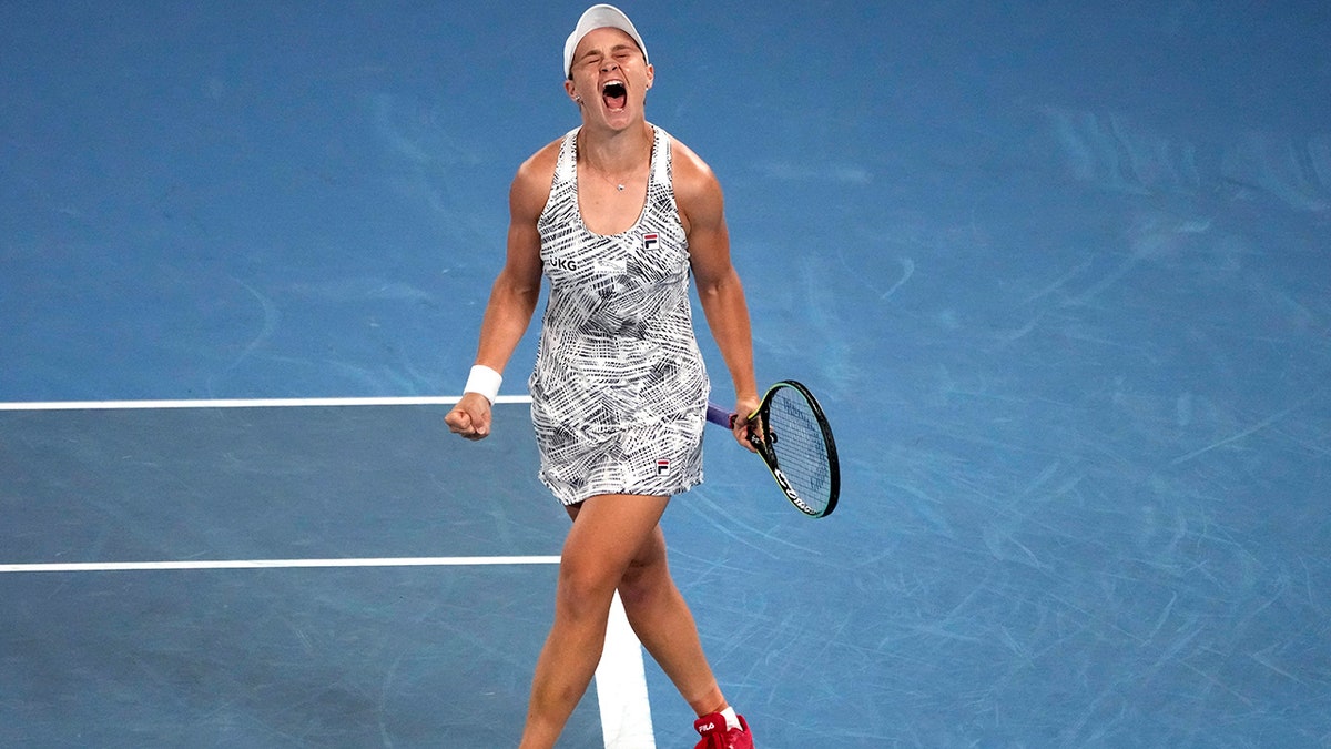 Ash Barty of Australia celebrates after defeating Danielle Collins of the U.S., in the women's singles final at the Australian Open tennis championships in Melbourne, Australia on Jan. 29, 2022.