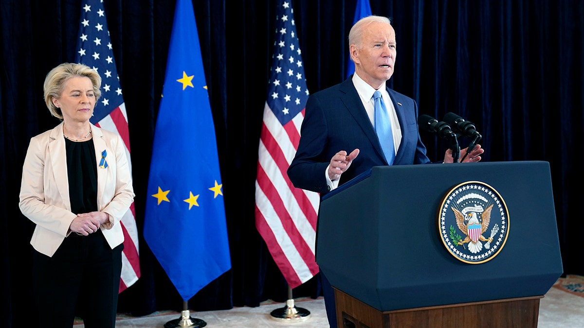 President Biden and European Commission President Ursula von der Leyen talk to the press about the Russian invasion of Ukraine, at the U.S. Mission in Brussels, Friday, March 25, 2022, in Brussels.