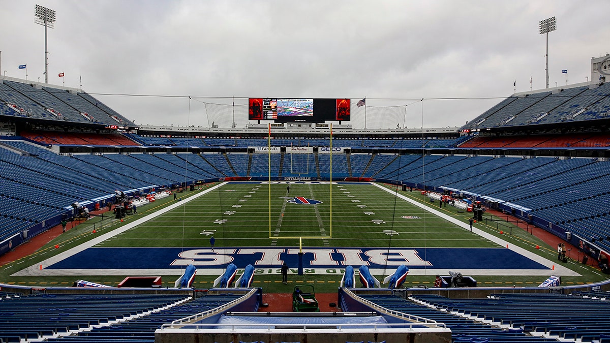 FILE - The field is prepared at Highmark Stadium before an NFL football game between the Buffalo Bills and the Carolina Panthers, Dec. 19, 2021, in Orchard Park, N.Y. The Bills moved closer to landing $200 million in NFL funding to help finance their bid to build a new stadium, a person with direct knowledge of the situation told The Associated Press on Friday, March 25, 2022. (AP Photo/Joshua Bessex, File)