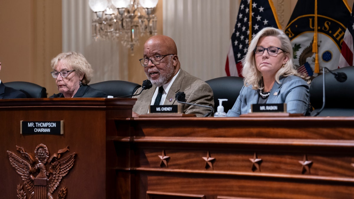 Chairman Bennie G. Thompson, D-Miss., center, flanked by Rep. Zoe Lofgren, D-Calif., left, and Vice Chair Liz Cheney, R-Wyo.