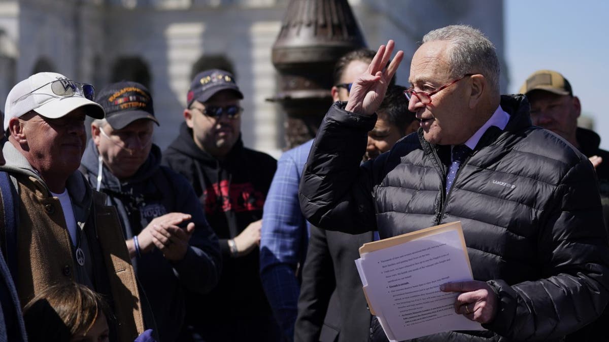 Senate Majority Leader Chuck Schumer of New York, speaks at a press conference on the PACT Act to benefit burn pit victims on Capitol Hill, Tuesday, March 29, 2022, in Washington. (AP Photo/Mariam Zuhaib)