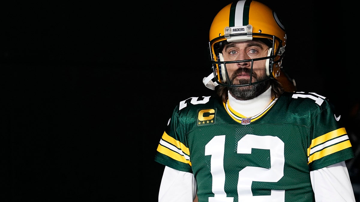 Aaron Rodgers #12 of the Green Bay Packers in the tunnel before the game against the Los Angeles Rams at Lambeau Field on November 28, 2021 in Green Bay, Wisconsin.