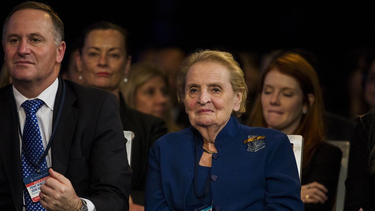 Former U.S. Secretary of State Madeline Albright sits next to New Zealand's Prime Minister John Key as she listens to speakers during the Clinton Global Initiative's annual meeting in New York, on Sept. 29, 2015.