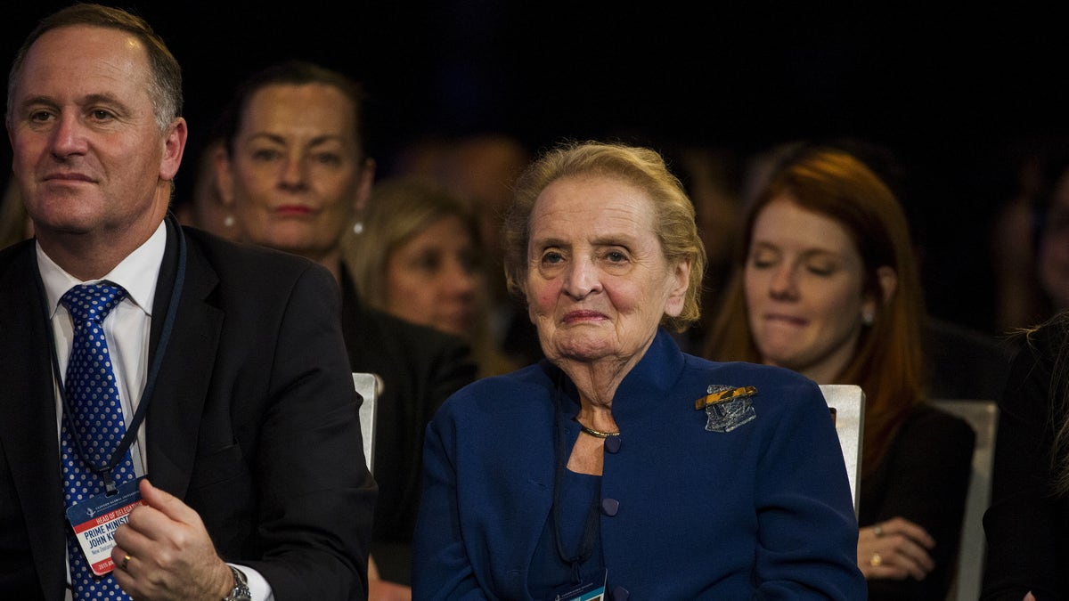 Madeleine Albright and New Zealand's Prime Minister John Key as she listens to speakers during the Clinton Global Initiative's annual meeting in New York, September 29, 2015