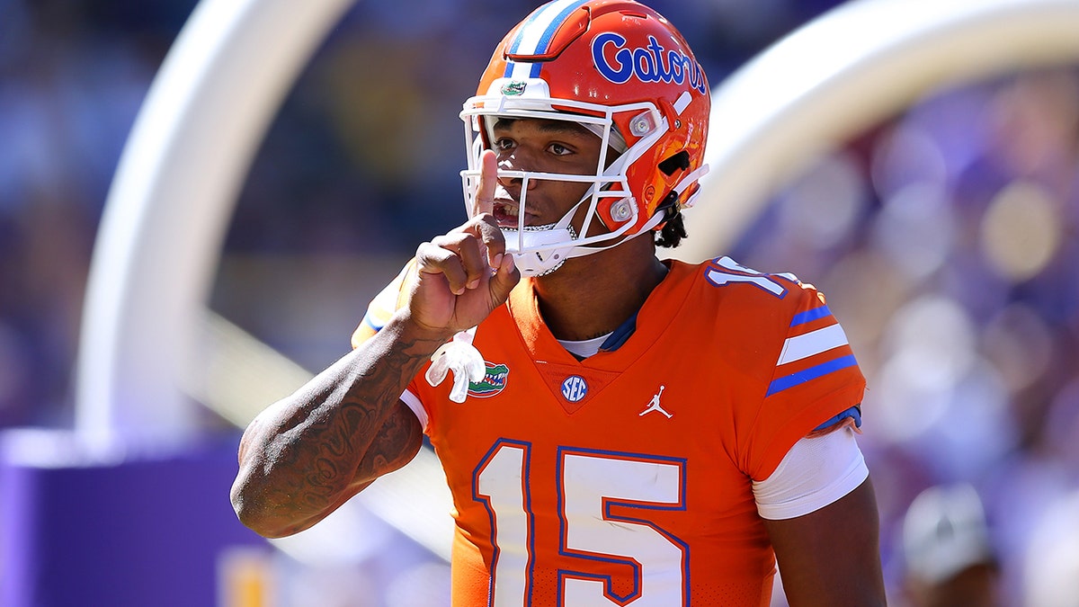 Anthony Richardson #15 of the Florida Gators reacts against the LSU Tigers during a game at Tiger Stadium on October 16, 2021 in Baton Rouge, Louisiana.