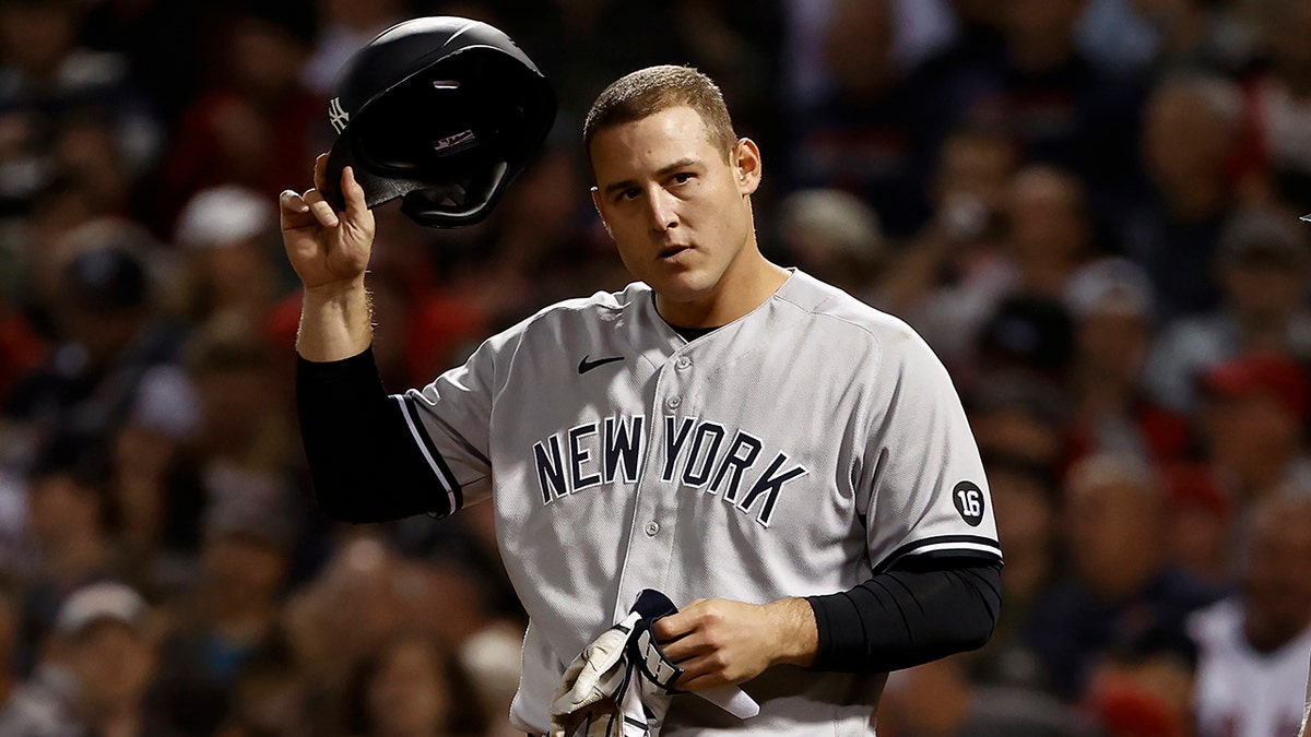 Anthony Rizzo of the New York Yankees on Oct. 6, 2021 in Boston, Massachusetts. 