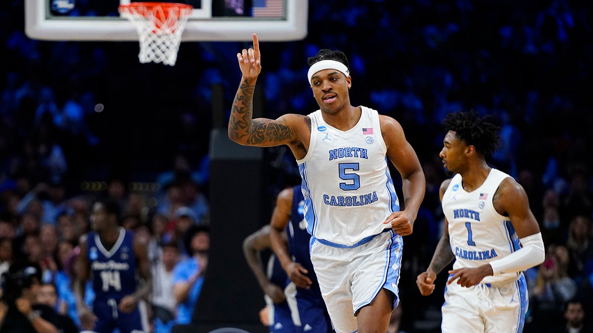North Carolina's Armando Bacot reacts during the first half of a college basketball game against St. Peter's in the Elite 8 round of the NCAA tournament, Sunday, March 27, 2022, in Philadelphia.