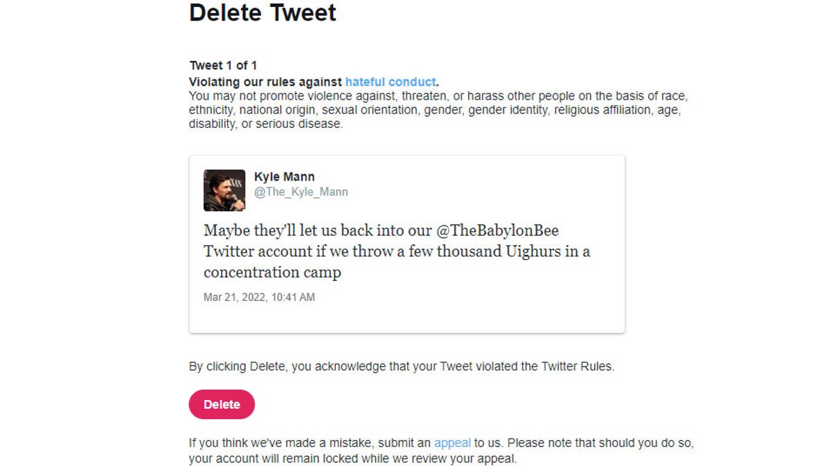 Twitter message to Babylon Bee editor-in-chief Kyle Mann