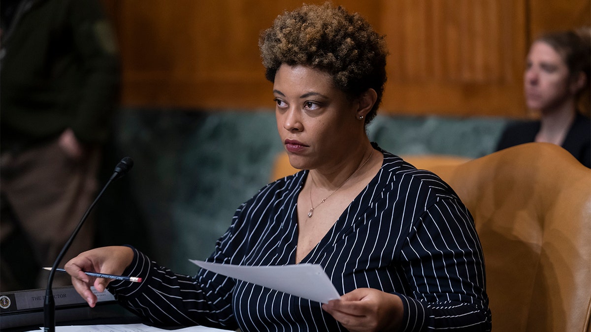 Office of Management and Budget Director Shalanda Young appears before the Senate Budget Committee to discuss President Biden's request for fiscal year 2023, at the Capitol in Washington, Wednesday, March 30, 2022. (AP Photo/J. Scott Applewhite)