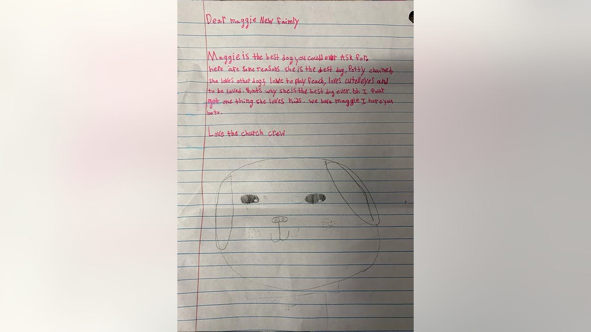 Maggie, a pit bull mix, has been adopted,<i> </i>North Shore Animal League America confirmed to Fox News Digital. Seen in this photo is one of the notes 7-year-old Roman Duncan wrote to Maggie's new family.