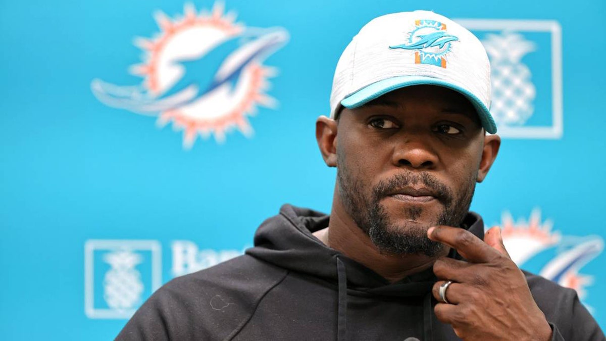 Miami Dolphins head coach Brian Flores talks to the media before practice at Baptist Health Training Complex in Hard Rock Stadium on Wednesday, Oct. 20, 2021 in Miami Gardens, Florida, in preparation for their game against the Atlanta Falcons at Hard Rock Stadium on Sunday, Oct. 24.