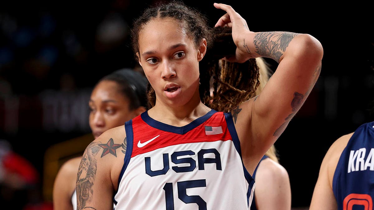 Brittney Griner of USA during the Women's Semifinal Basketball game between United States and Serbia on day fourteen of the Tokyo 2020 Olympic Games at Saitama Super Arena on August 6, 2021 in Saitama, Japan