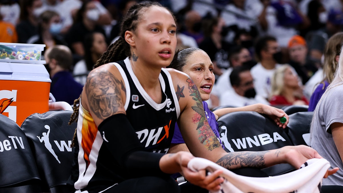 Brittney Griner (42) and Diana Taurasi of the Phoenix Mercury react to a foul call in the second half during the game against the Chicago Sky at Footprint Center on Oct. 10, 2021, in Phoenix, Arizona.