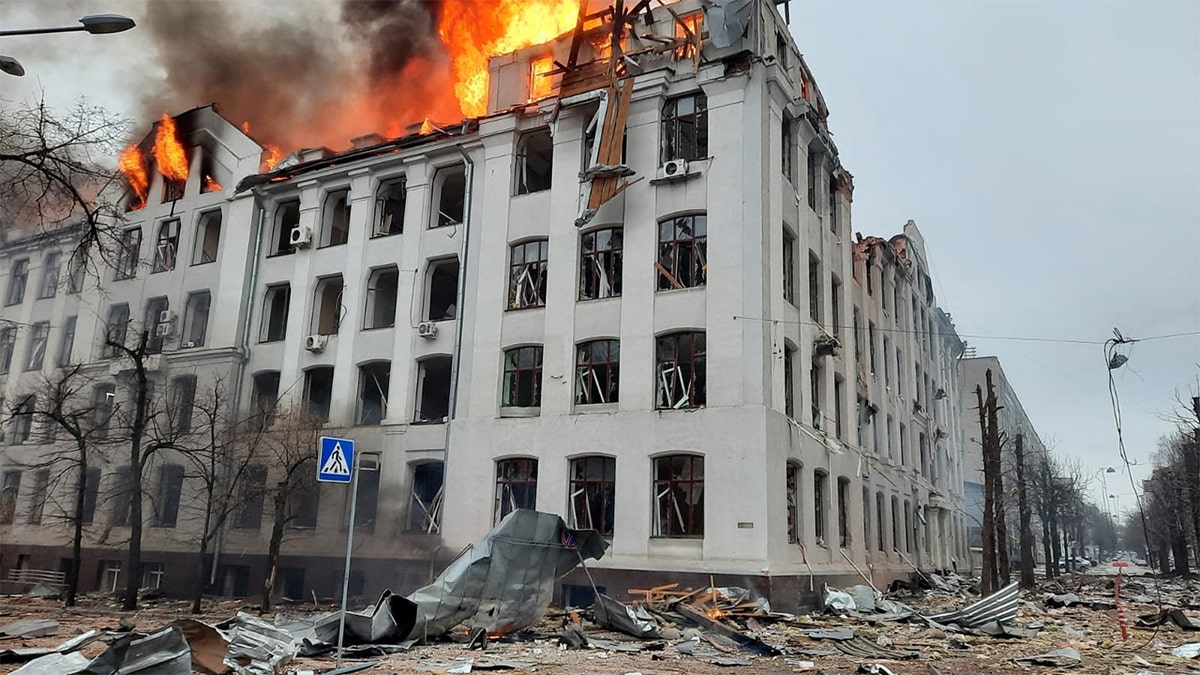A view shows the area near National University after shelling in Kharkiv, Ukraine, in this handout picture released March 2, 2022.
