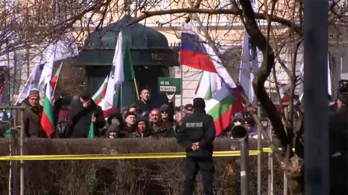 Protesters gathered as U.S. Secretary of Defense Lloyd Austin visited Slovakia and gave a press conference, Saturday, March 19, 2022.