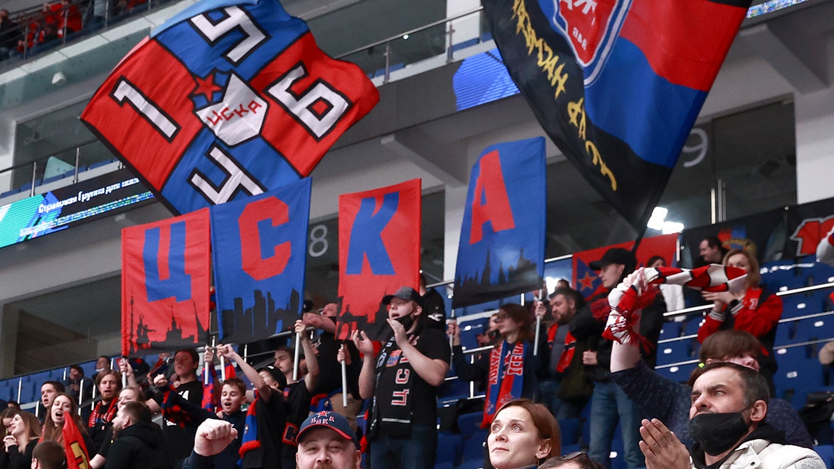 CSKA fans during Game 1 of the 2021/2022 Kontinental Hockey League Western Conference quaterfinal playoff tie between CSKA Moscow and Lokomotiv Yaroslavl at CSKA Arena March 1, 2022, in Moscow, Russia.