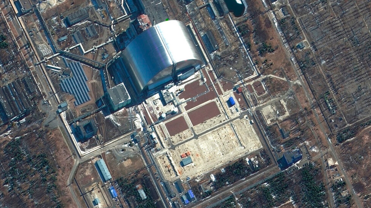 This satellite image provided by Maxar Technologies shows a close view of Chernobyl nuclear facilities, Ukraine, during the Russian invasion, Thursday, March 10, 2022.