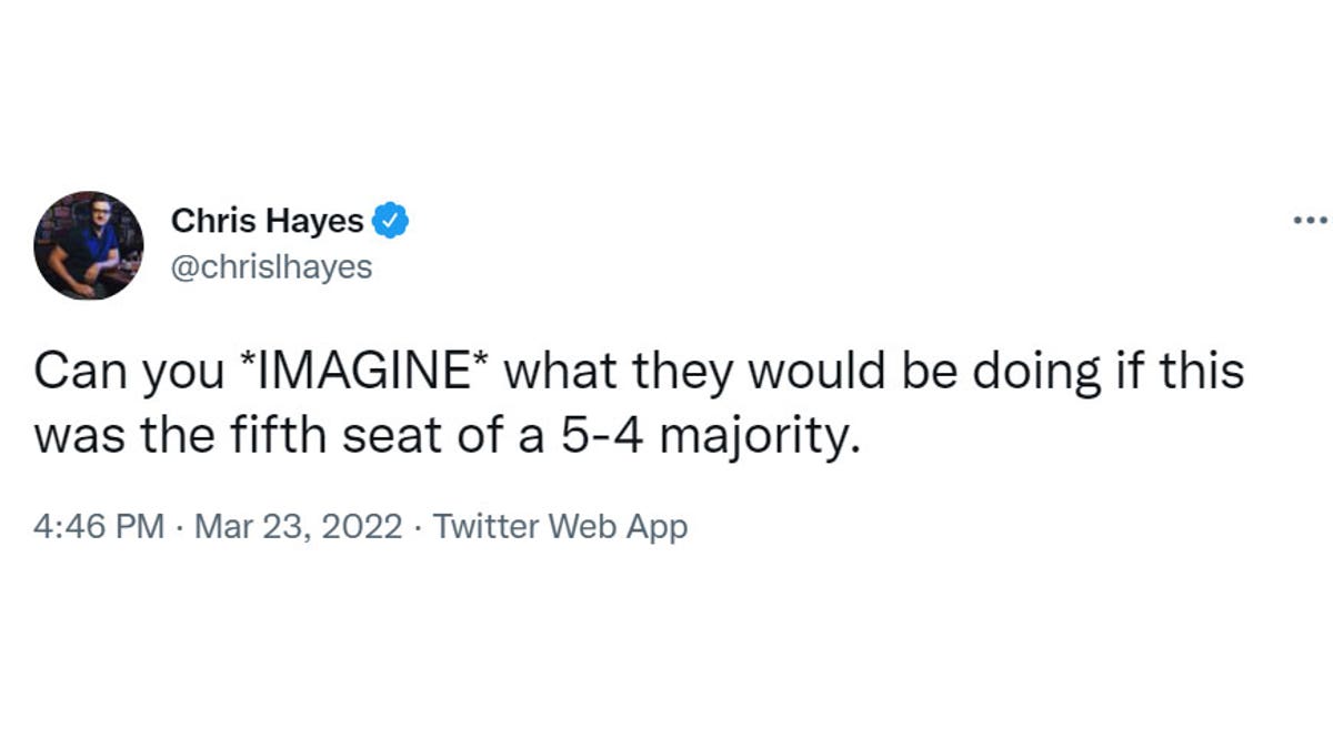 MSNBC's Chris Hayes tweet claiming Republican senators would be treating Supreme Court nominee Ketanji Brown Jackson worse if the conservative majority on the court were slimmer (Screenshot/Twitter)