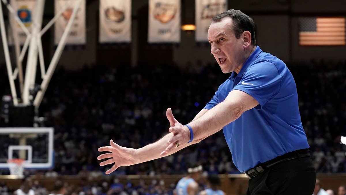 Duke coach Mike Krzyzewski directs the team during the second half of an NCAA college basketball game against North Carolina in Durham, N.C., Saturday, March 5, 2022. (AP Photo/Gerry Broome)