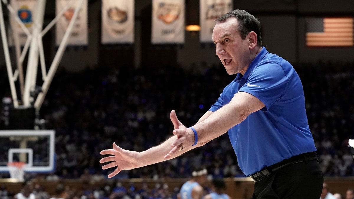 Duke coach Mike Krzyzewski directs the team during the second half of an NCAA college basketball game against North Carolina in Durham, N.C., Saturday, March 5, 2022.?