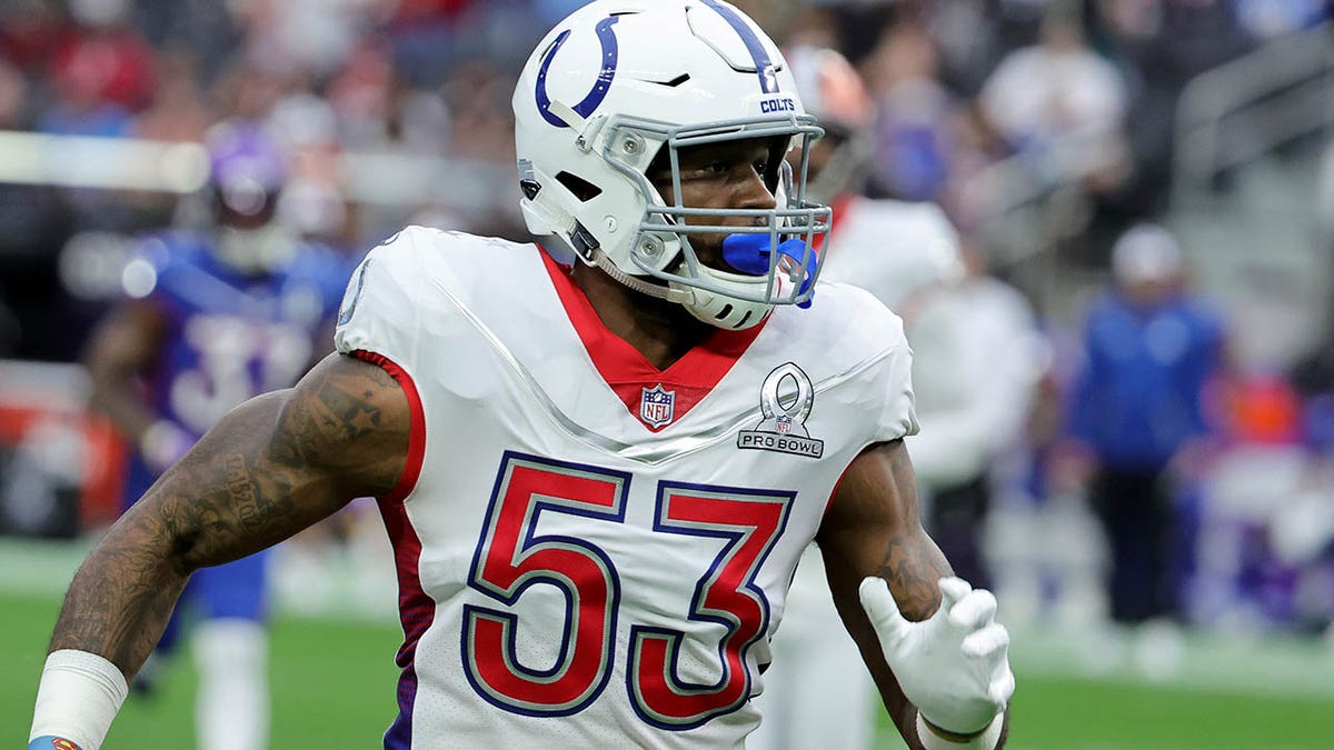 Darius Leonard #53 of the Indianapolis Colts and AFC runs for a touchdown after intercepting an NFC pass in the first quarter of the game against the NFC during the 2022 NFL Pro Bowl at Allegiant Stadium on February 06, 2022 in Las Vegas, Nevada.