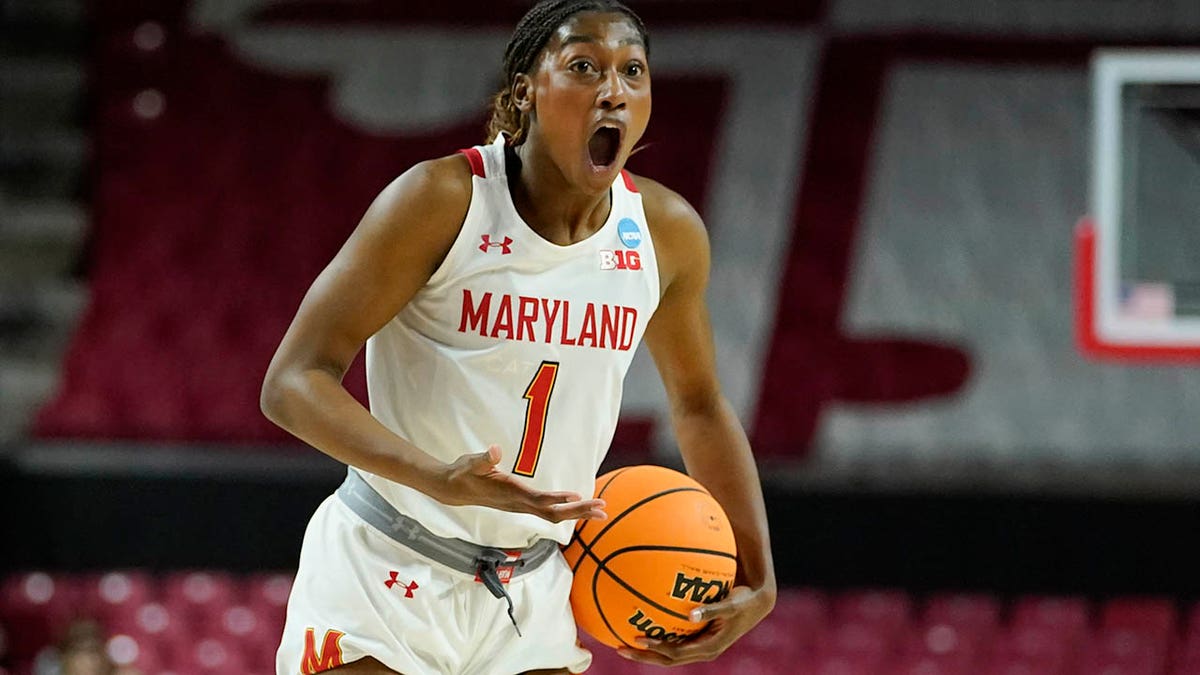 Maryland guard Diamond Miller reacts after a play against Florida Gulf Coast during the first half of a college basketball game in the second round of the NCAA tournament, Sunday, March 20, 2022, in College Park, Md.
