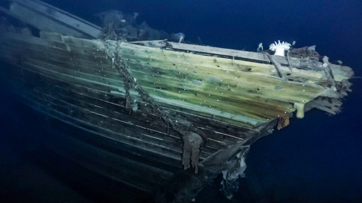 In this photo issued by Falklands Maritime Heritage Trust, a view of the bow of the wreck of Endurance, polar explorer's Ernest Shackleton's ship.