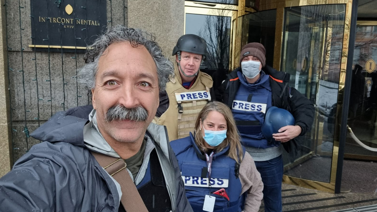 Fox News cameraman Pierre Zakrzewski, left, is photographed with correspondent Steve Harrigan, second from left, and senior field producers Yonat Frilling, second from right, and Ibrahim Hazboun, right, in Kyiv, Ukraine.