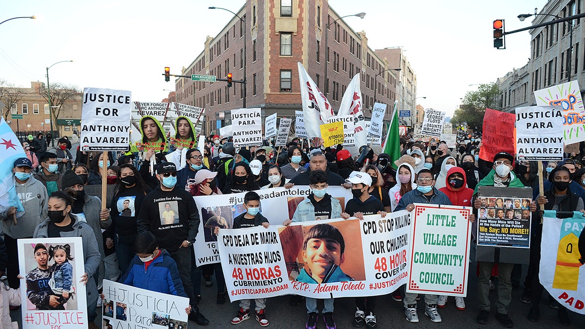 Hundreds of protesters take streets for 13 years old Adam Toledo who was shot and killed by police in Chicago, United States on April 16, 2021.