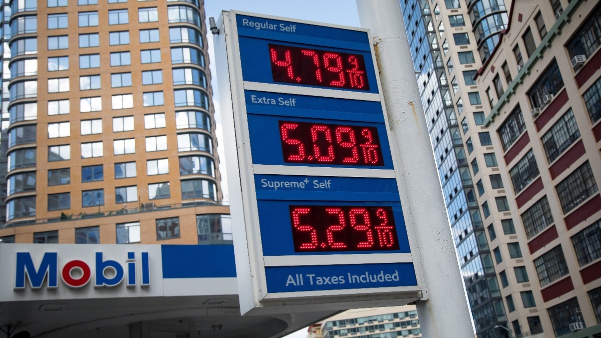Gas prices are displayed at a Mobil gas station in the Brooklyn borough of New York, the United States, Feb. 10, 2022. (Photo by Michael Nagle/Xinhua via Getty Images)