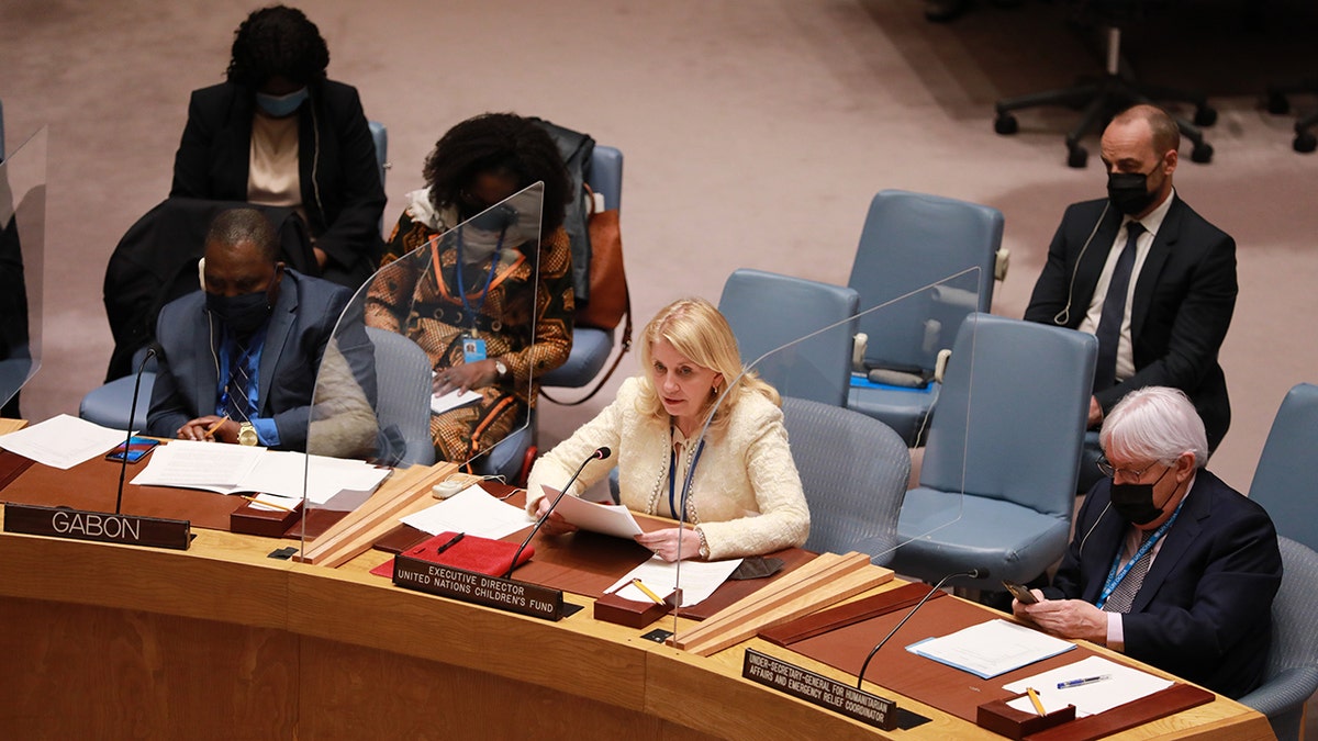 Catherine Russell (center, front), head of the UN Children's Fund, speaks during the Security Council meeting on Ukraine at the UN headquarters in New York, March 7, 2022. 