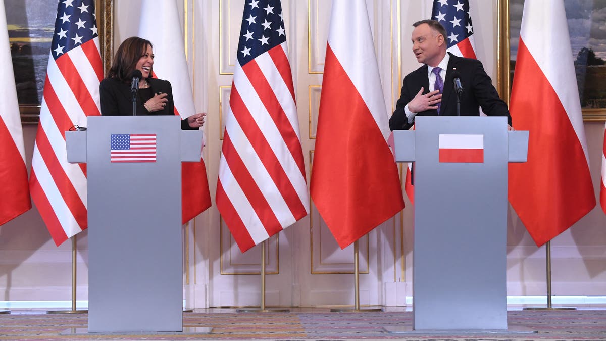 US Vice President Kamala Harris and Polish President Andrzej Duda press conference poland warsaw