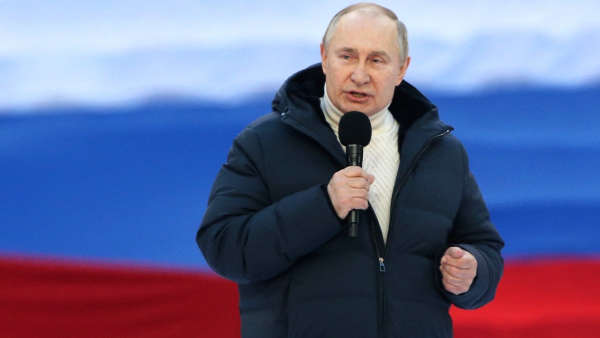 Russian President Vladimir Putin speeches during the concert marking the anniversary of the annexation of Crimea, March,18,2022, in Moscow, Russia. Thousands people gathered at Luznkiki Stadium to support President Putin, annexation of Crimea and military invasion on Ukraine. (Photo by Contributor/Getty Images)