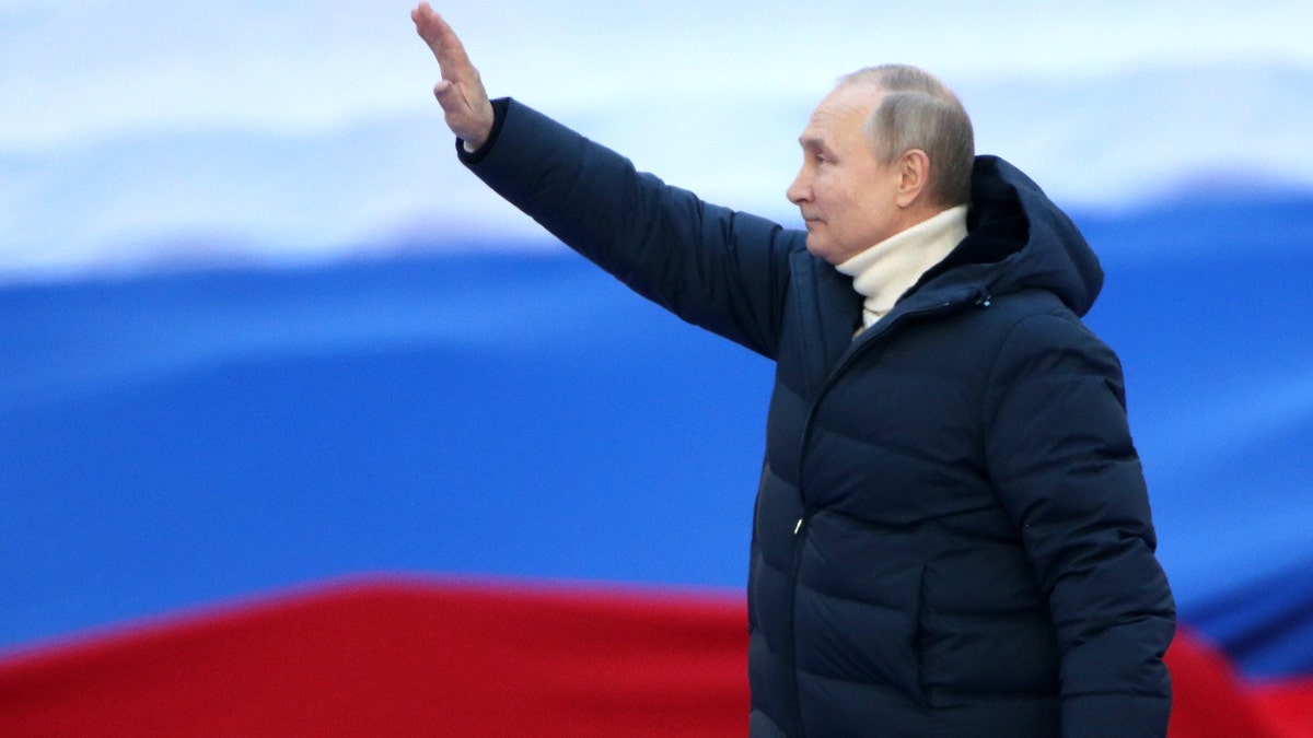 Russian President Vladimir Putin speeches during the concert marking the anniversary of the annexation of Crimea, March,18,2022, in Moscow, Russia. Thousands people gathered at Luznkiki Stadium to support President Putin, annexation of Crimea and military invasion on Ukraine. (Photo by Contributor/Getty Images)