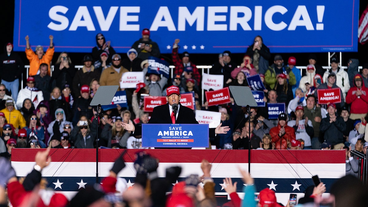 Former U.S. President Donald Trump speaks at a 'Save America' rally in Commerce, Georgia, U.S., on Saturday, March 26, 2022. Trump is focusing most of his ire over losing the 2020 election on Georgia, where he will put his status as a GOP kingmaker on the line on Saturday to turn voters against the states Republican governor and other party incumbents. Photographer: Elijah Nouvelage/Bloomberg via Getty Images