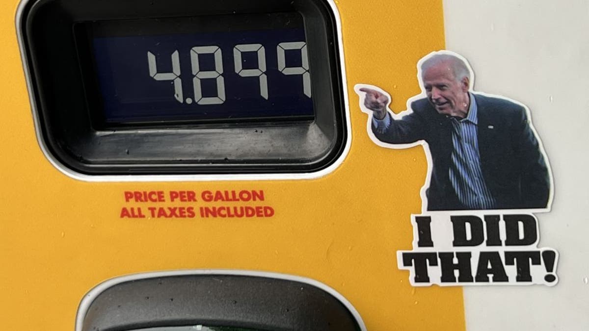 A satirical protest sticker critical of American President Joe Biden, with text reading I Did That, has been placed on a gasoline pump in Lafayette, California.