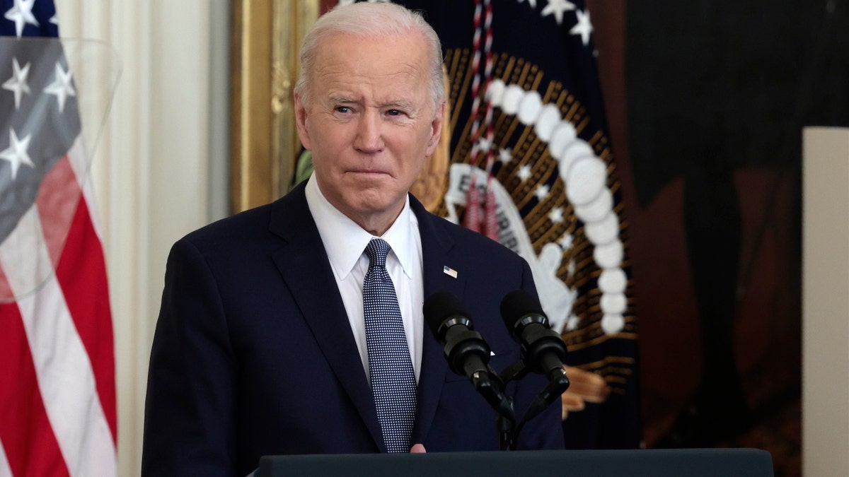 President Biden gives remarks at an event in the East Room of the White House on Feb. 28, 2022, in Washington, D.C. 