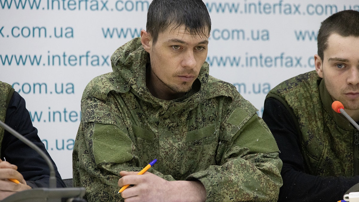 11 russian soldiers captured by Ukrainian forces make a press statement on March 5, 2022 in Kyiv, Ukraine.