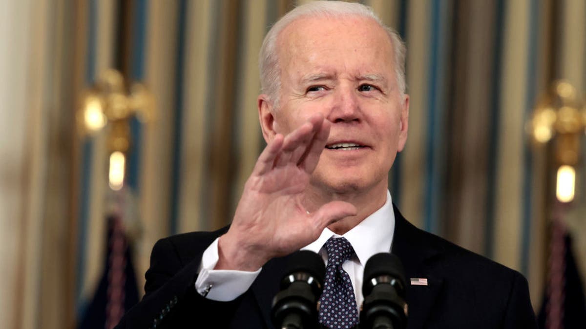 President Joe Biden answers questions after introducing his budget request for fiscal year 2023 in the State Dining Room of the White House on March 28, 2022, in Washington, D.C.