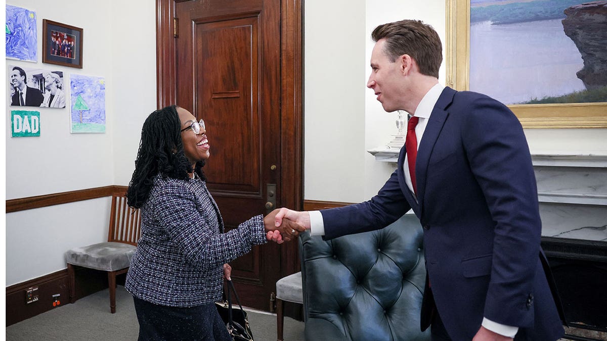 U.S. Sen. Josh Hawley, R-Mo., meets U.S. Supreme Court nominee and federal appeals court Judge Ketanji Brown Jackson in his office at the United States Capitol building in Washington, March 9, 2022. 
