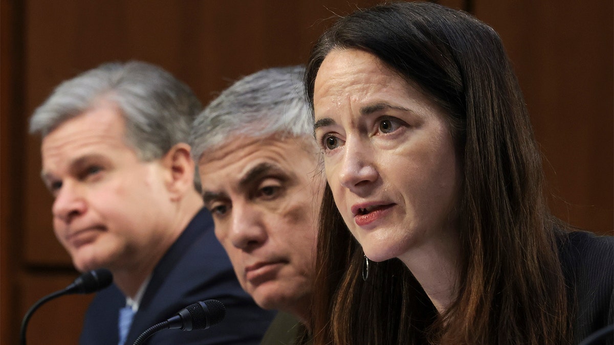 FBI Director Christopher Wray, left, National Security Agency Director Gen. Paul Nakasone and Director of National Intelligence Avril Haines