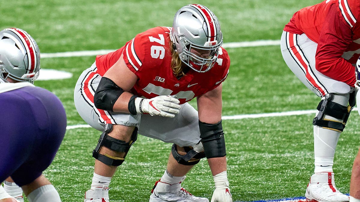 Ohio State Buckeyes offensive lineman Harry Miller (76) in action during the Big Ten Championship game between the Ohio State Buckeyes and the Northwestern Wildcats on December 19, 2020 at Lucas Oil Stadium in Indianapolis, Indiana. 